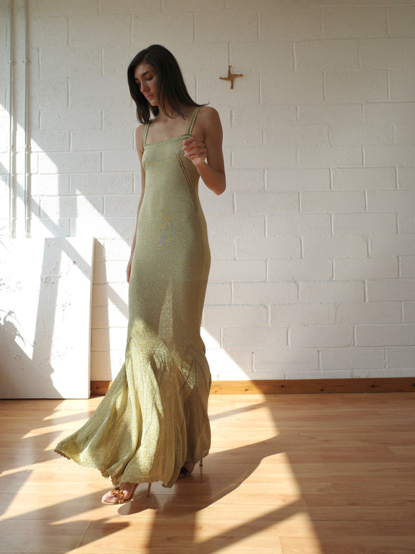 The Knit Pointelle Godet Gown - Gold