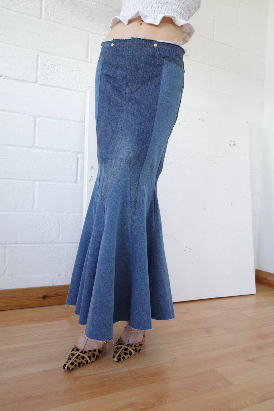 The Reconstituted Denim Godet Maxi Skirt