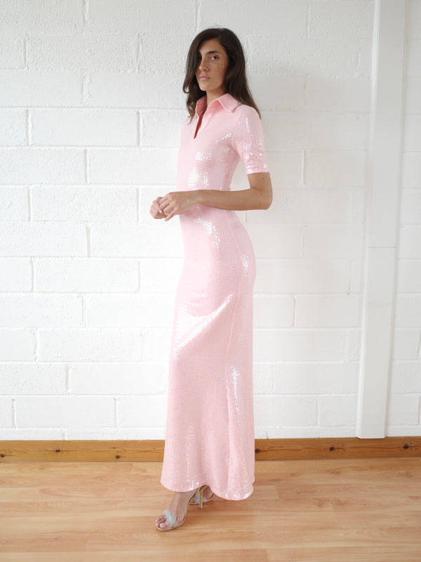 The Short Sleeve Sequin Jersey Polo Maxi Dress