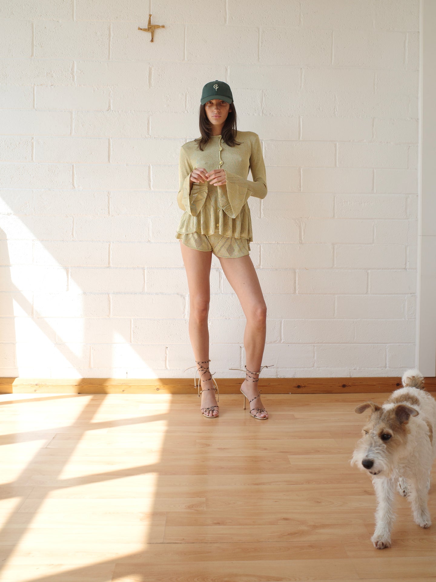 The Knit Pointelle Godet Cardigan - Gold