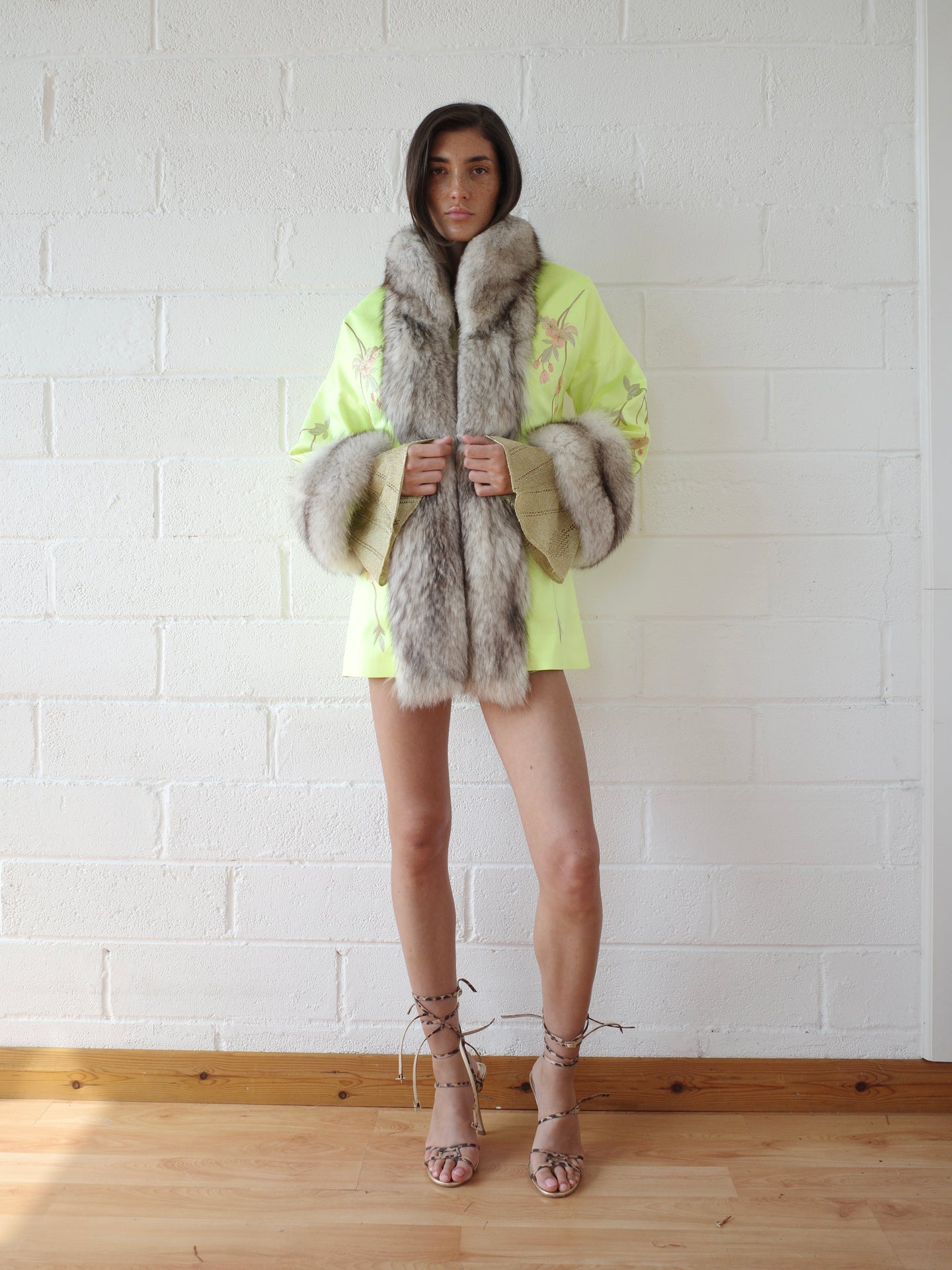 The Demi Couture Reconstituted Vintage Fur and Silk Robe - Neon Yellow