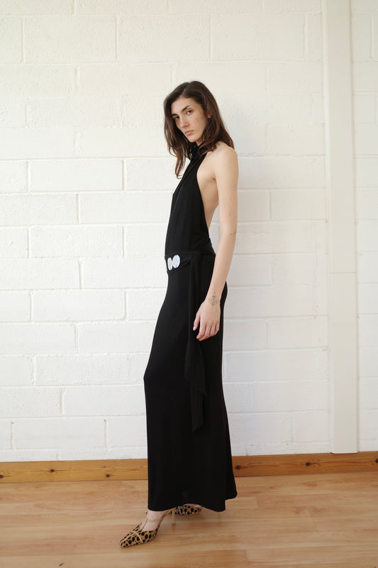 The Jersey Halter Maxi dress with Mother of Pearl Paillete Sash Belt