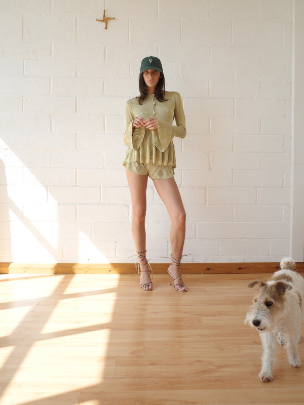 The Knit Pointelle Godet Shorts - Gold