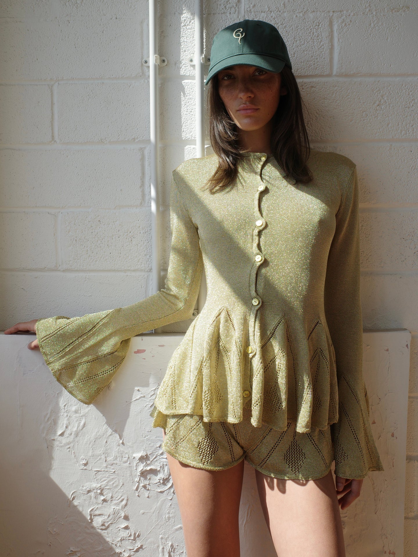 The Knit Pointelle Godet Cardigan - Gold