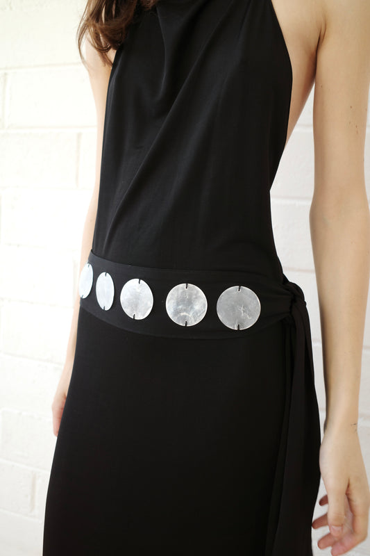 The Jersey Halter Maxi dress with Mother of Pearl Paillete Sash Belt
