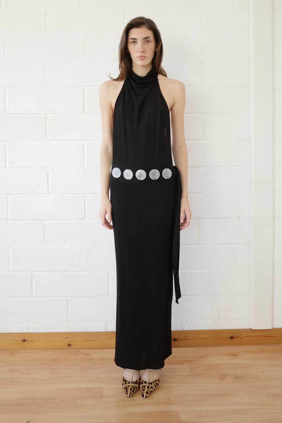 The Jersey Halter Maxi dress with Mother of Pearl Paillete Sash Belt
