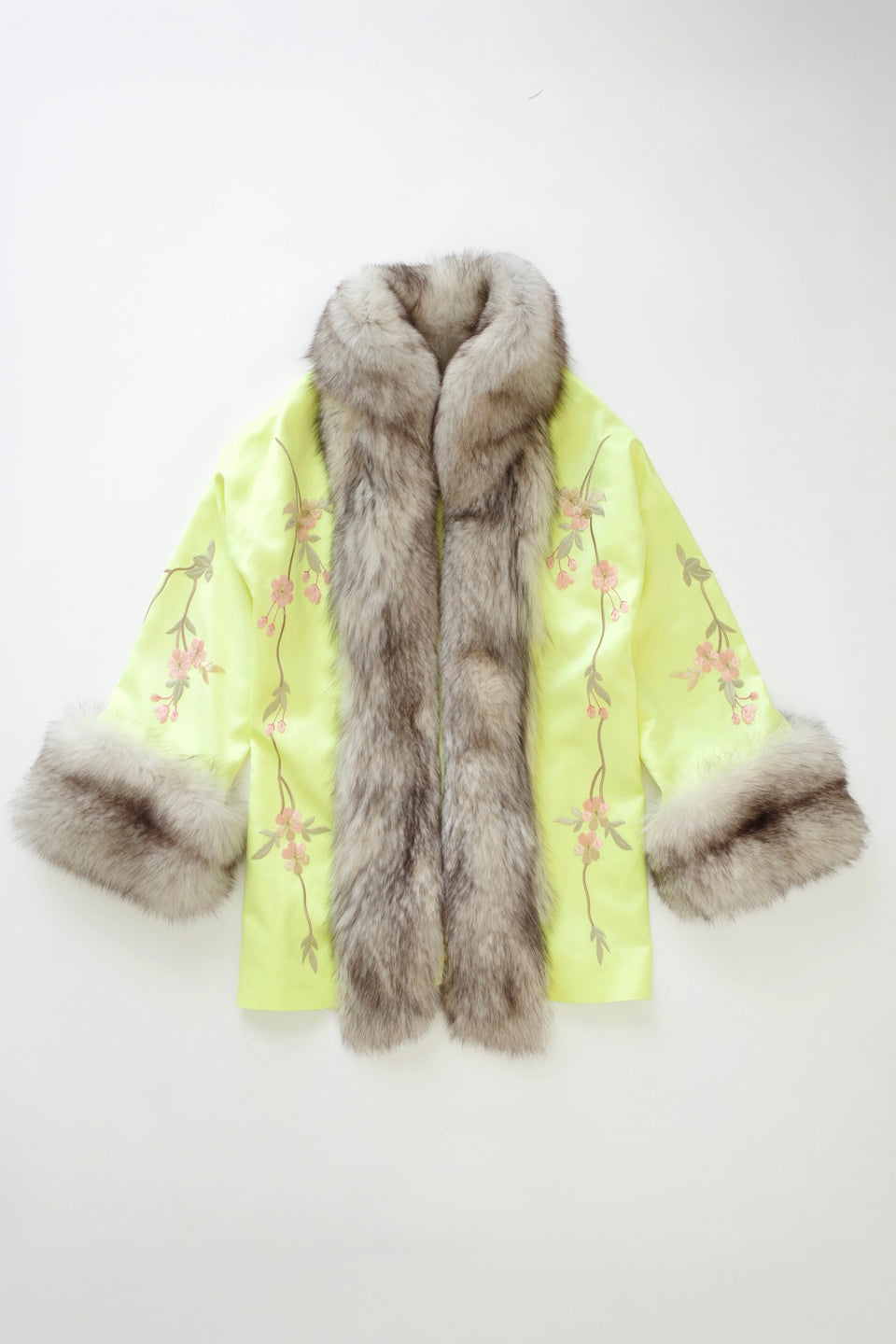 The Demi Couture Reconstituted Vintage Fur and Silk Robe - Neon Yellow