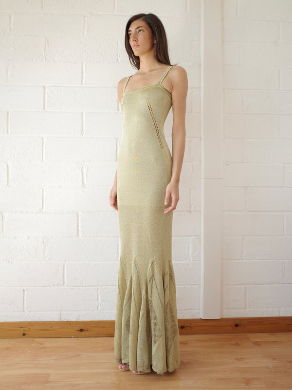 The Knit Pointelle Godet Gown - Gold